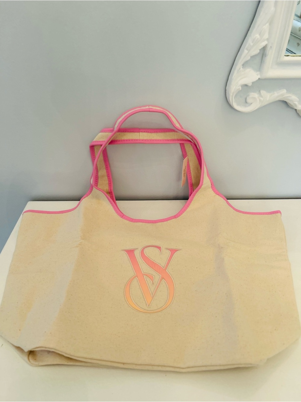 Victoria's Secret Cream Canvas Tote with Pink Trim